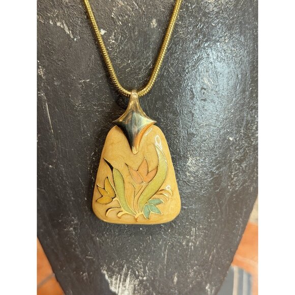 VINTAGE GOLD SNAKE CHAIN TULIP CLOISONNE ENAMEL FLOWER PENDANT 24" NECKLACE EUC - Picture 9 of 11